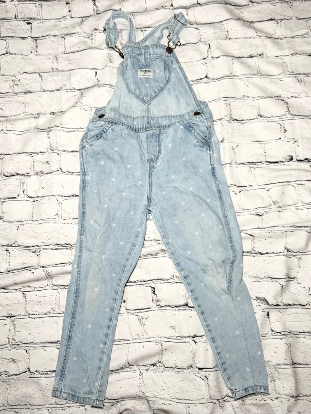 OshKosh B'gosh Denim Heart Print Overalls. Size 5T